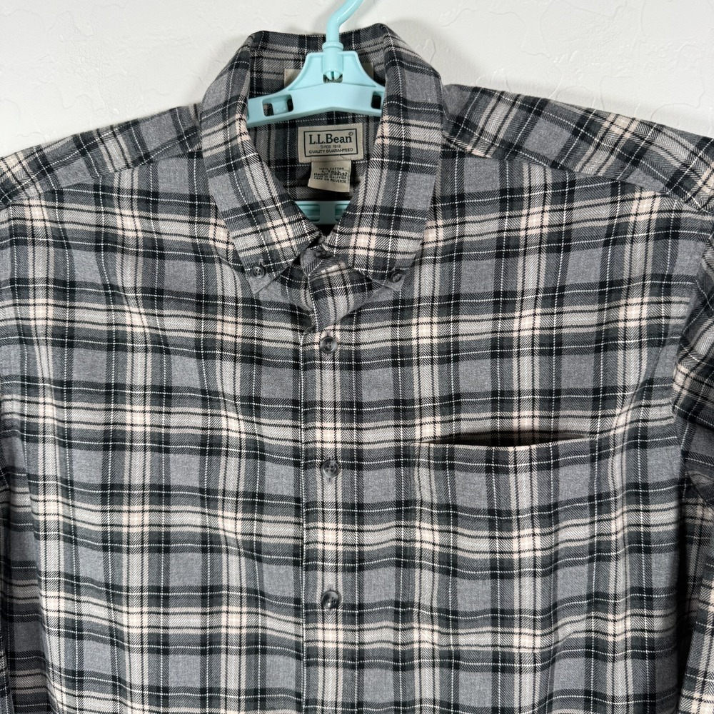 LL Bean Shirt‎ Mens Large Tall LT Gray Button Up Flannel Traditional Fit Plaid